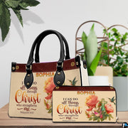 Coordinating handbag and matching zip wallet set displayed on a wooden table beside houseplant.