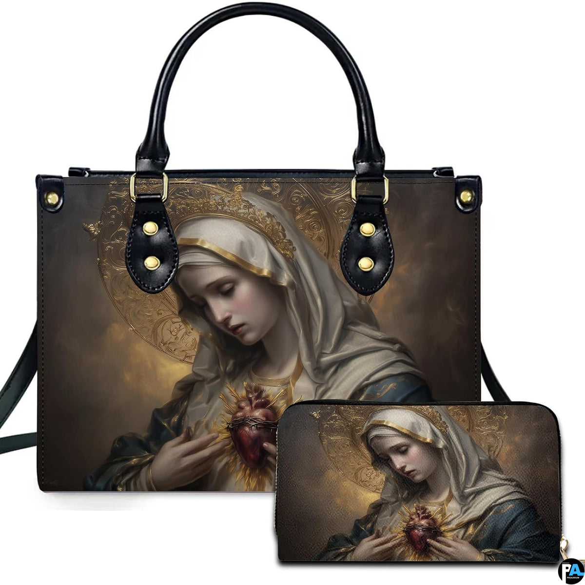 Immaculate Heart of Mary devotional handbag and matching wallet front view on white background
