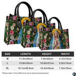 Measurement graphic illustrating available sizes for the floral devotional handbag