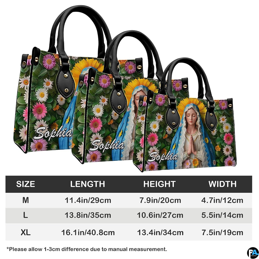 Measurement graphic illustrating available sizes for the floral devotional handbag