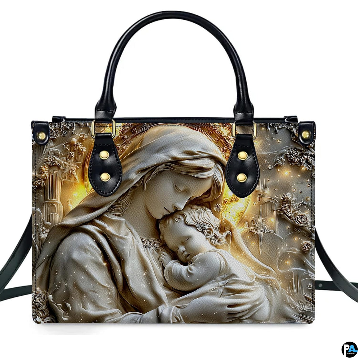 Front view of handbag showing detailed stone relief sculpture of Virgin Mary holding sleeping baby Jesus.