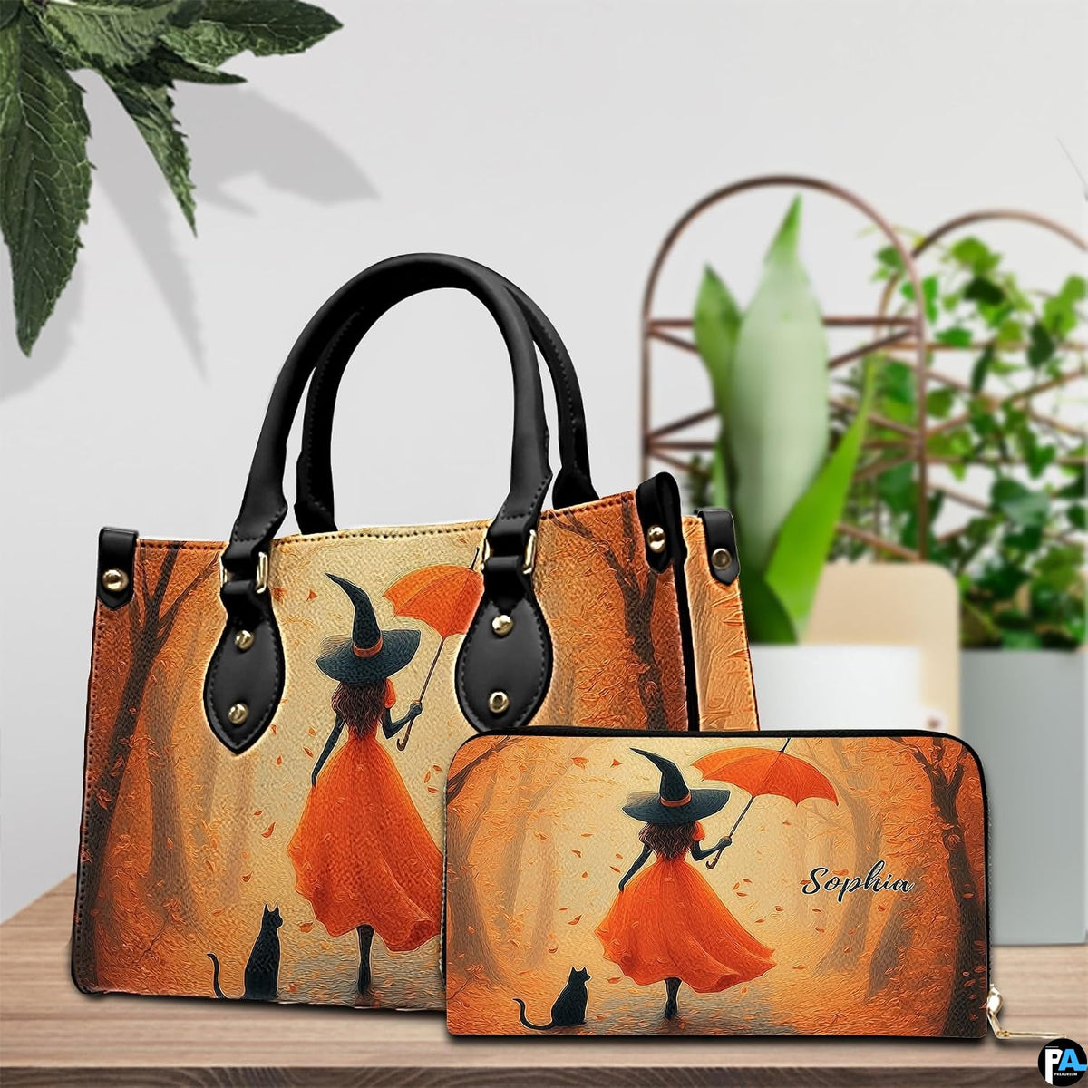 Tabletop presentation of the autumn witch motif paired with matching accessory piece.