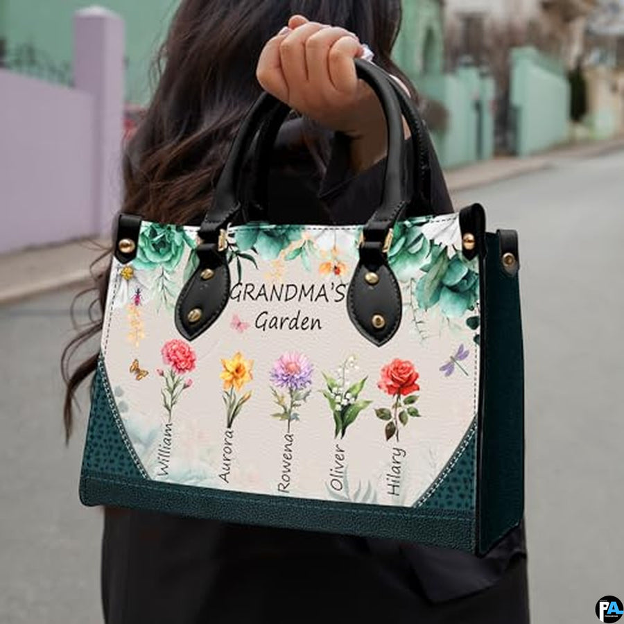Mothers Day Gift Leather Bag- Personalized Grandmas Purse With Grandkids Names, Grandma Handbag Birthday Gifts For Mom Women