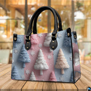 Warm cafe interior staging featuring the pastel pink and blue holiday pine tree artwork