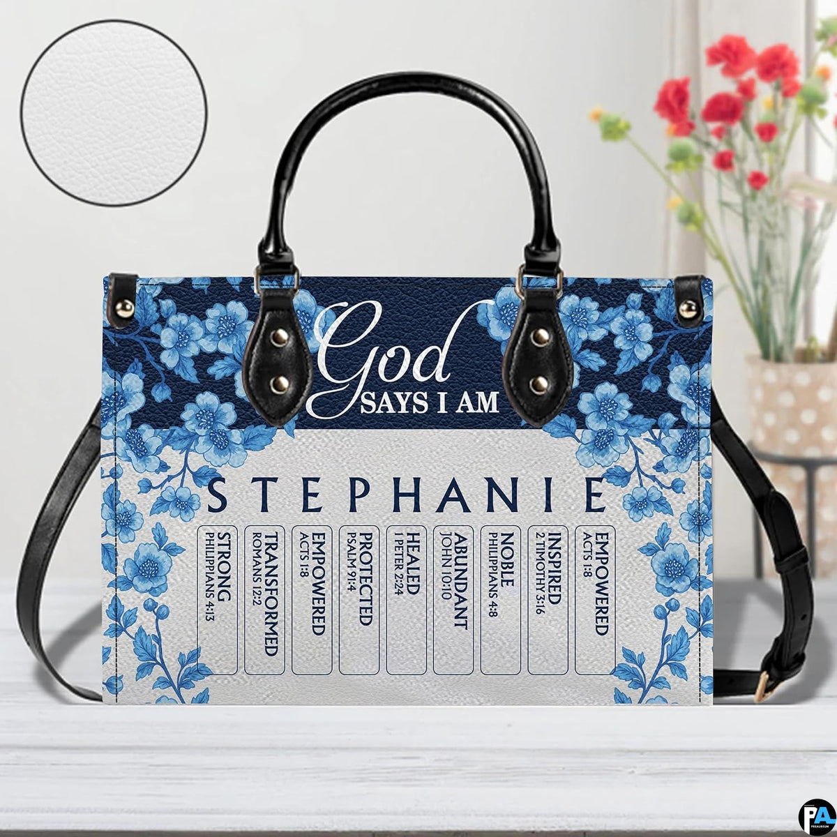 Front view of blue botanical floral pattern on light wooden tabletop with circular texture detail highlight.
