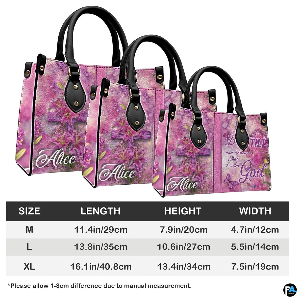 Perspective angle view of pink handbag highlighting side depth and continuous floral cross alignment.