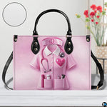 Three quarter view of structured pink nurse handbag showing side and front layout