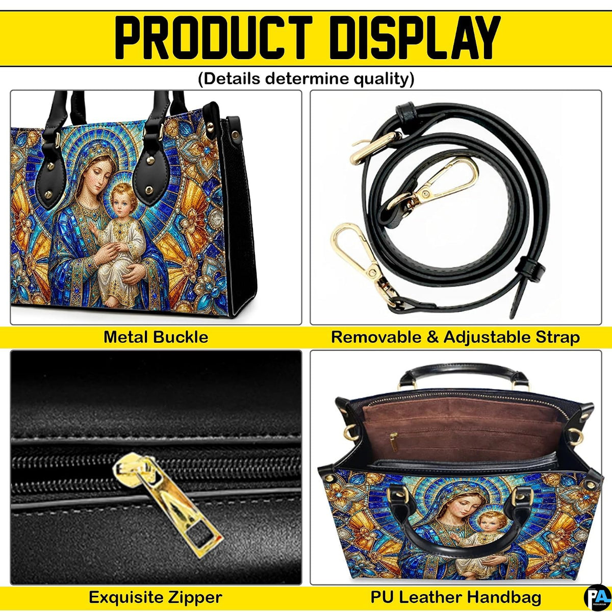 Top view of stained glass Madonna handbag displaying top zipper opening and carry handles
