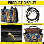 Top view of stained glass Madonna handbag displaying top zipper opening and carry handles