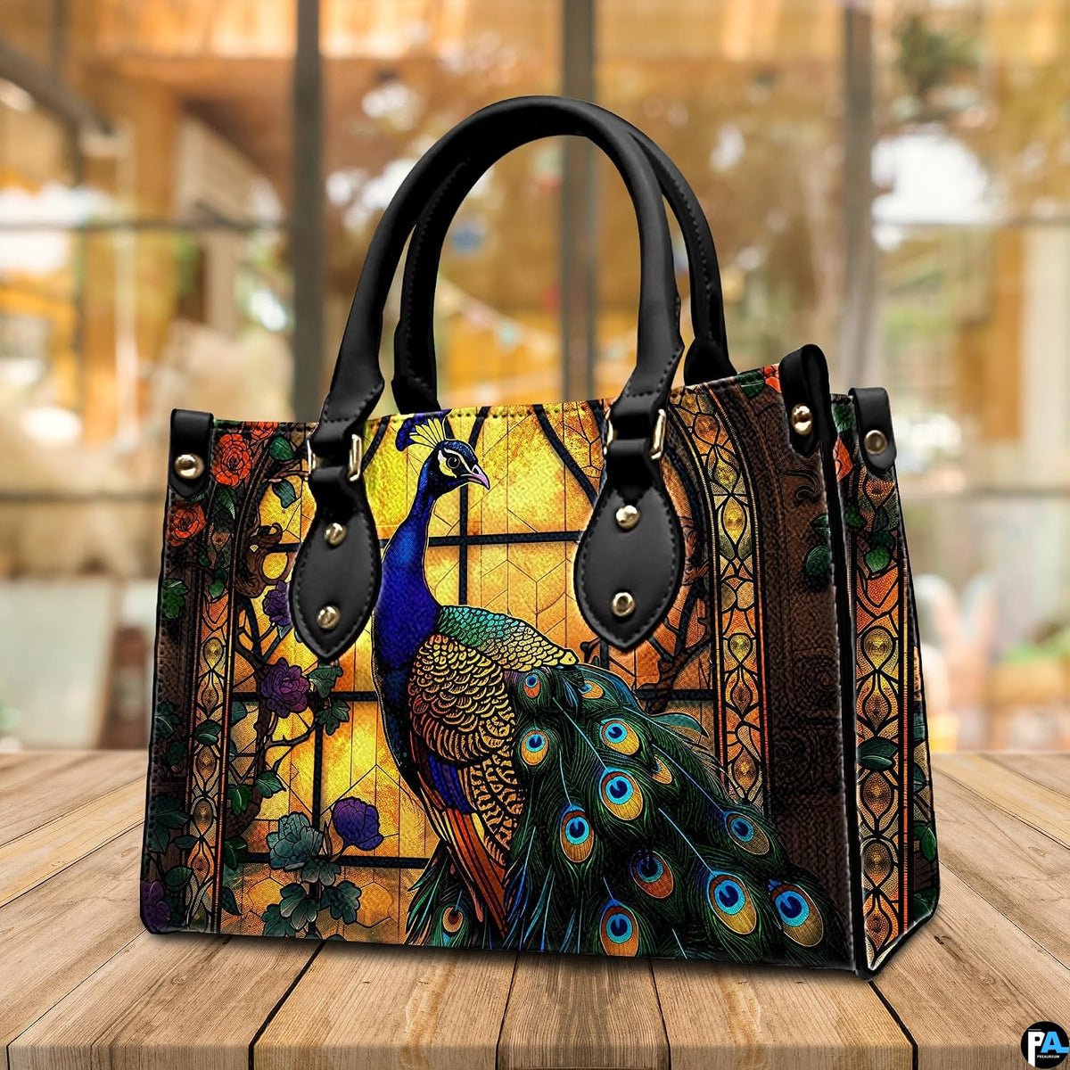 Jewel-tone peacock handbag with gold window, roses and ornate border