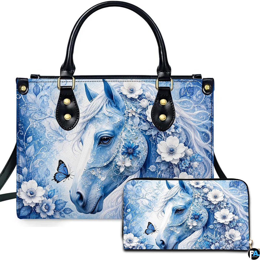 Blue floral horse art showing a white equine portrait surrounded by lace flowers beside matching accessories.