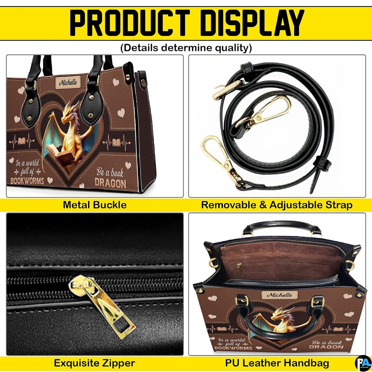 Four-panel detail of handbag showing metal buckles, adjustable strap, zipper closure, and interior
