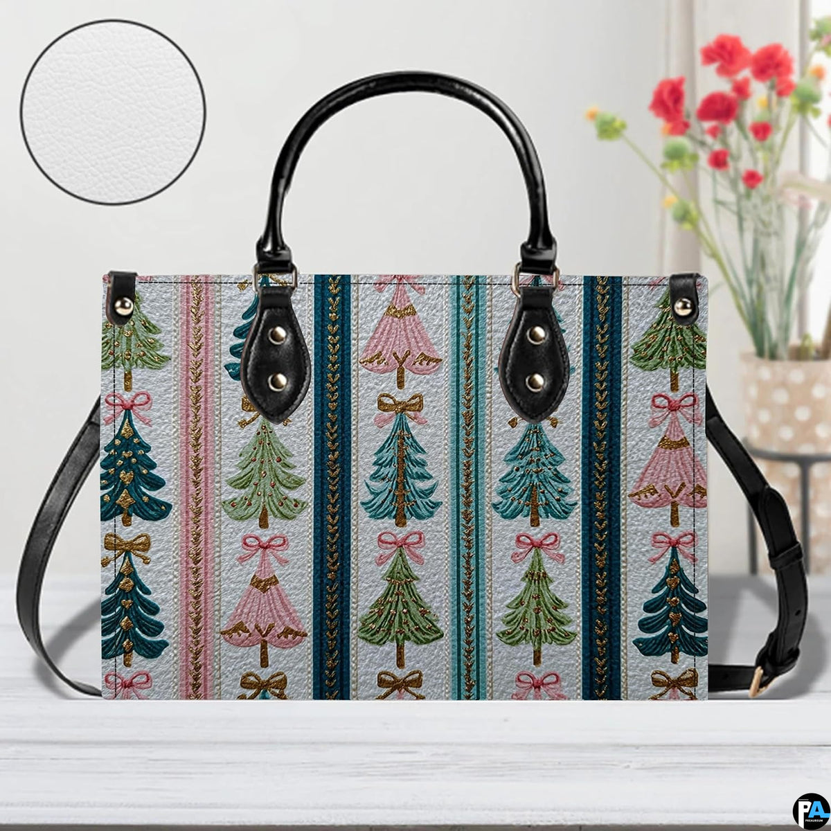 Sunlit tabletop display of ornate pastel tree item with circular pattern inset