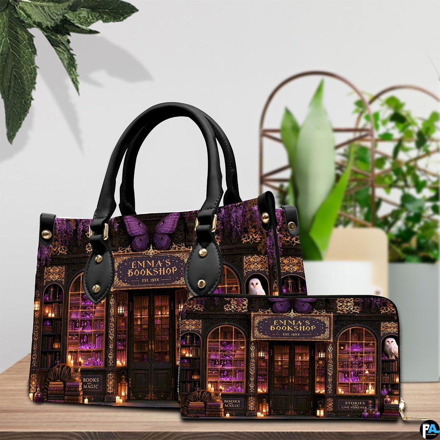 Tabletop arrangement showing purple bookstore artwork paired alongside decorative potted home greenery.