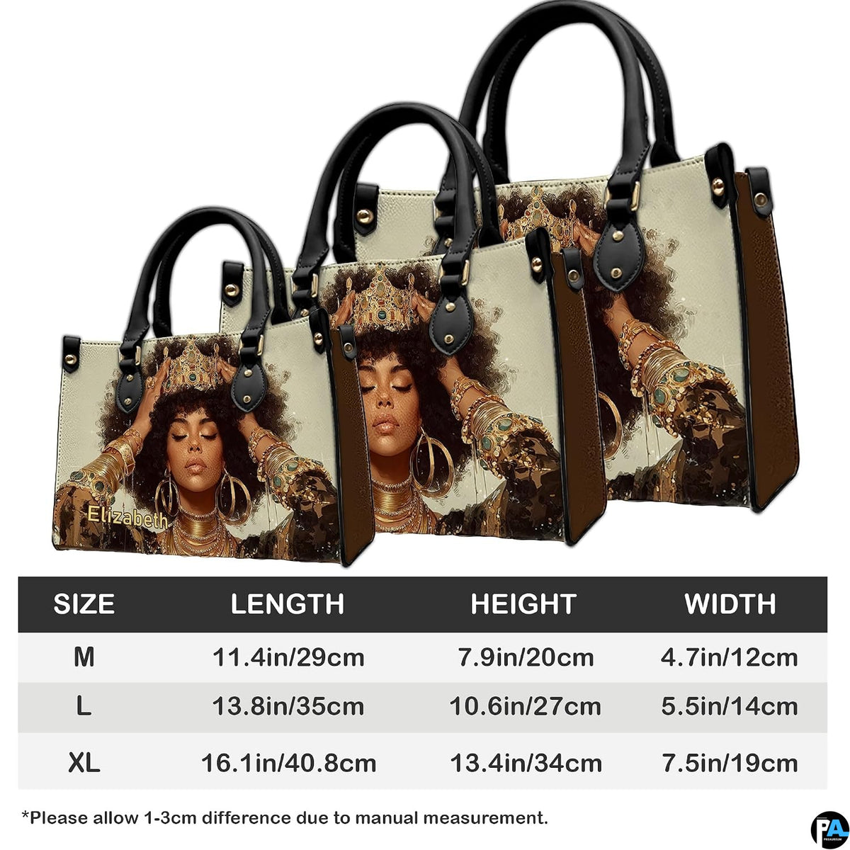 Three size views of cream jeweled crown afro portrait handbag