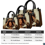 Three size views of cream jeweled crown afro portrait handbag