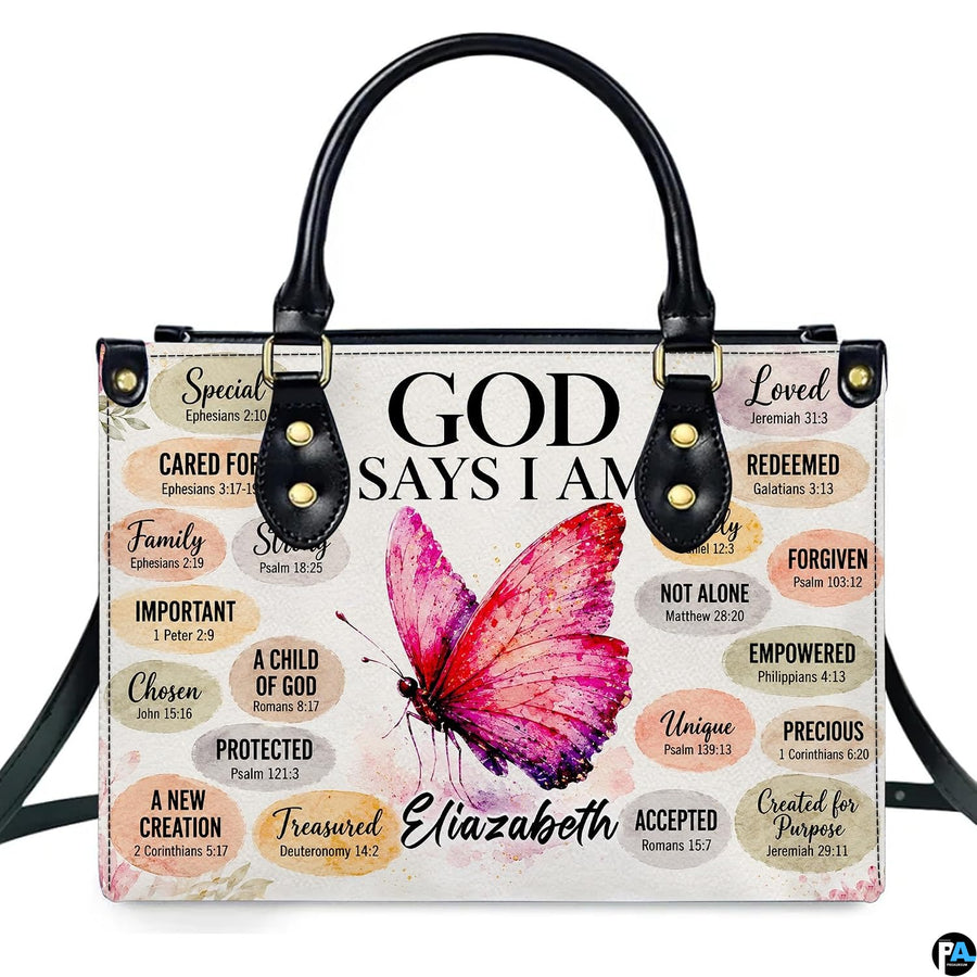 Devotional handbag displaying a vibrant watercolor butterfly surrounded by biblical affirmation medallions.