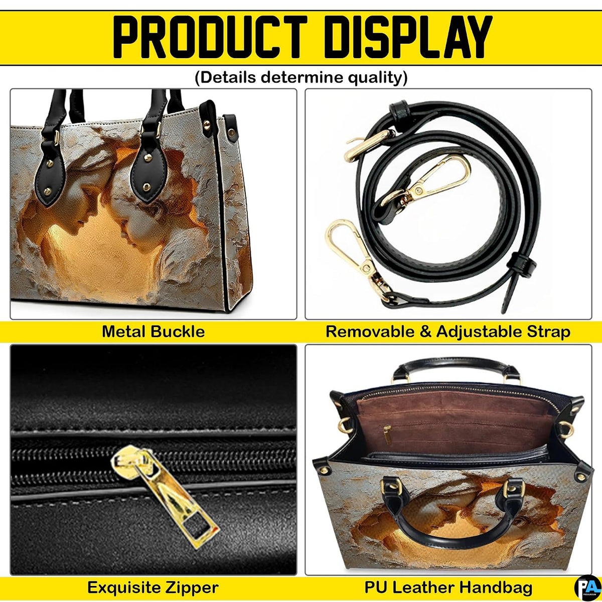 Detailed view of metal hardware, detachable strap, and interior for devotional handbag