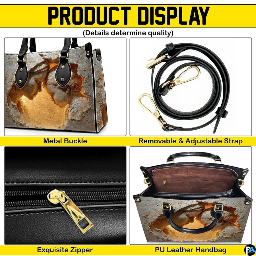 Detailed view of metal hardware, detachable strap, and interior for devotional handbag
