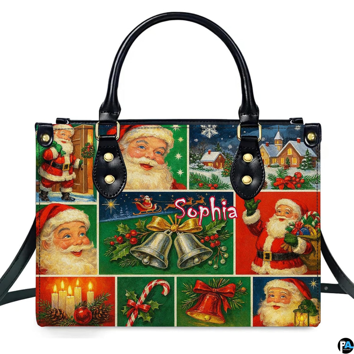 Front view of vintage Santa postcard collage handbag on white ground.