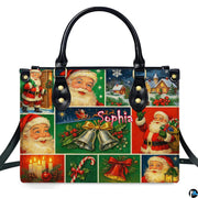 Front view of vintage Santa postcard collage handbag on white ground.