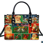 Front view of vintage Santa postcard collage handbag on white ground.