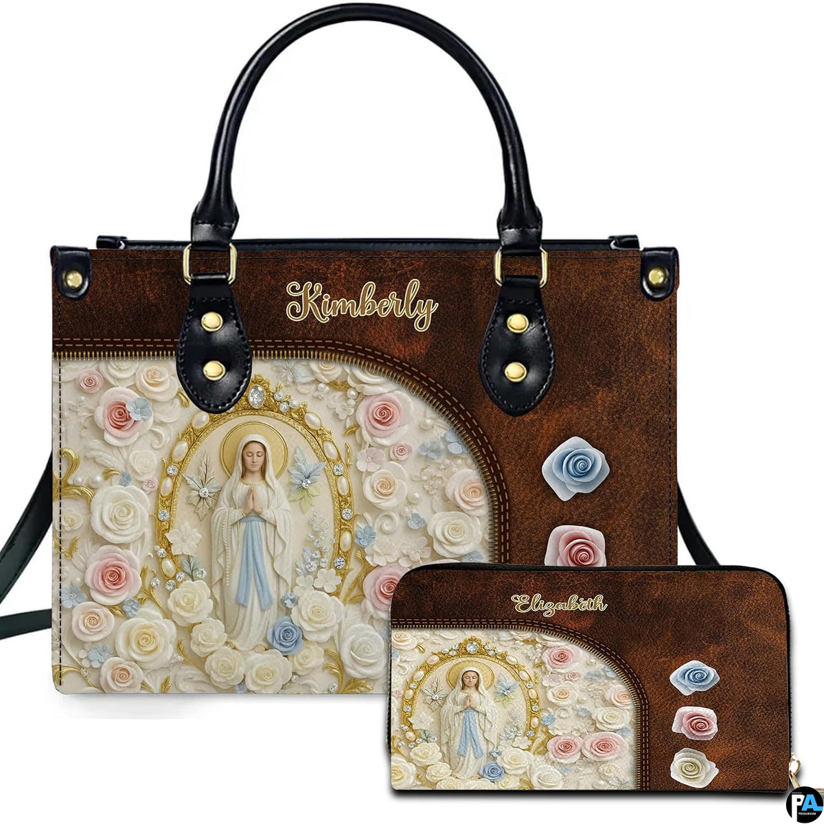 Custom Catholic Virgin Mary Leather Bag, Personalized Name Handbags and Purses for Christian Women Religious Bag Gifts