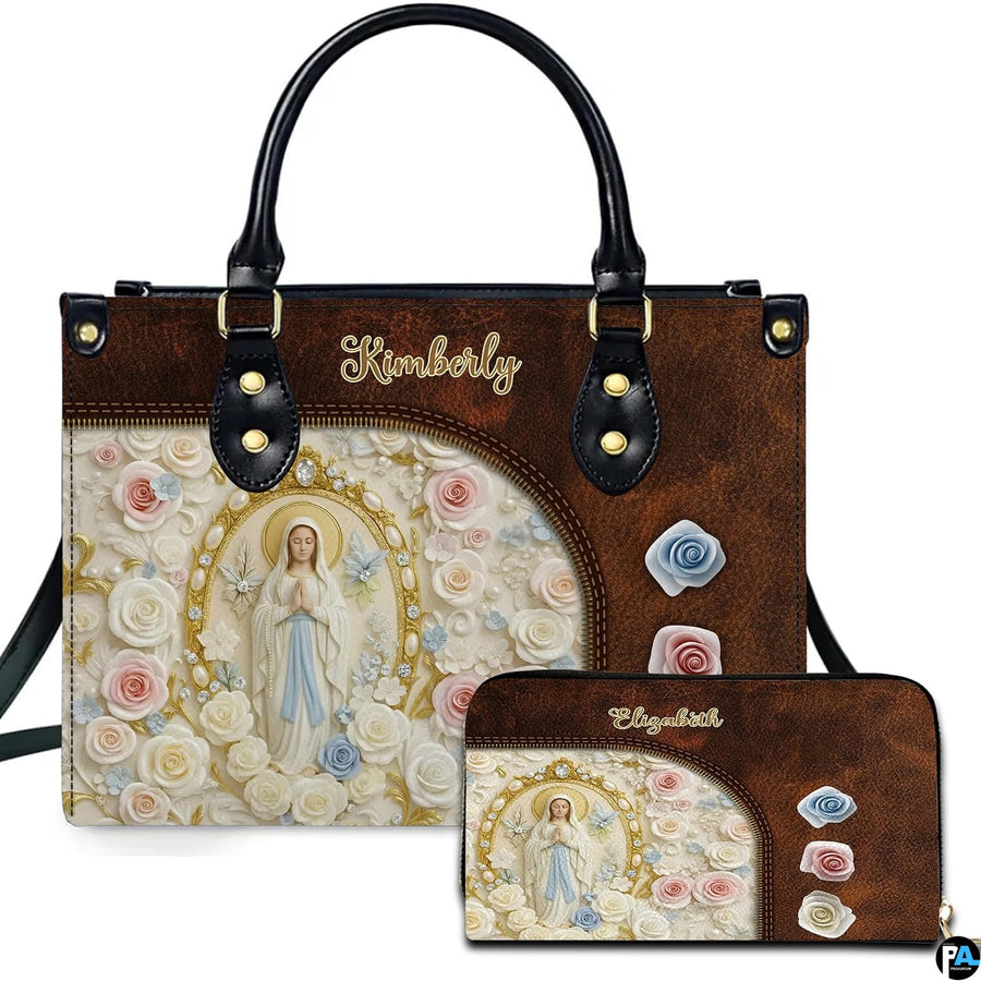 Custom Catholic Virgin Mary Leather Bag, Personalized Name Handbags and Purses for Christian Women Religious Bag Gifts
