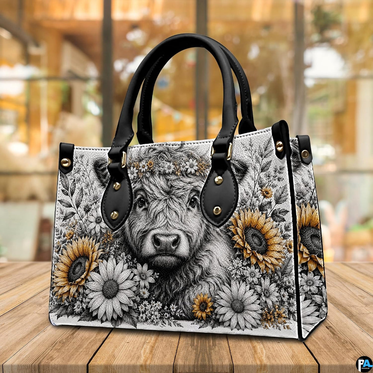 Atmospheric wooden table display showcasing detailed charcoal cow sketch with sunflowers