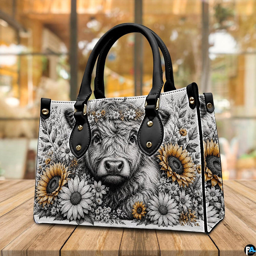 Atmospheric wooden table display showcasing detailed charcoal cow sketch with sunflowers