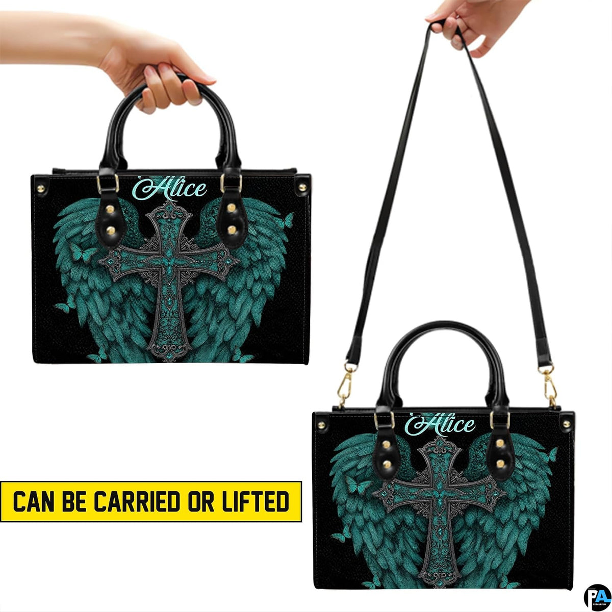 Front view of turquoise angel wings cross handbag showing central cross and spreading feathered wings.