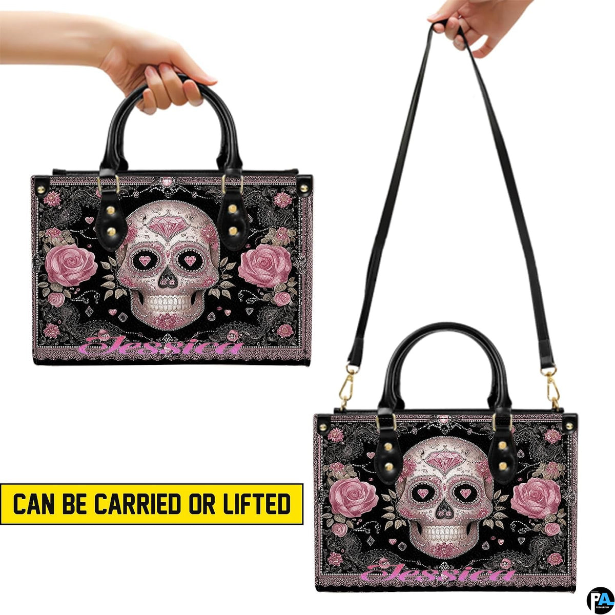 Top-down view displaying interior compartment and black carrying handles of the handbag.