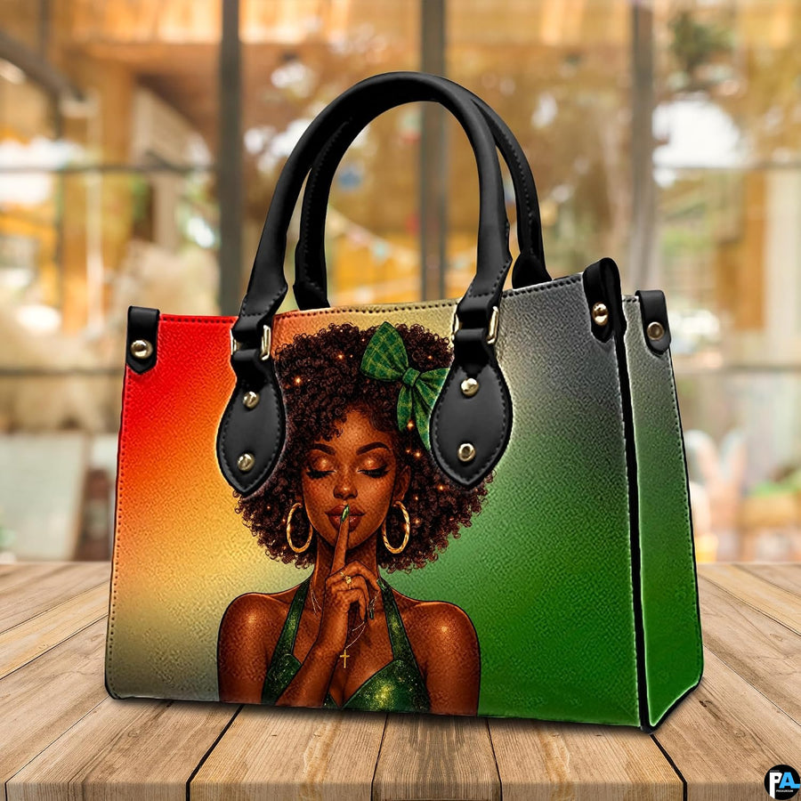 Angled afro girl handbag with green bow and gold hoop earrings