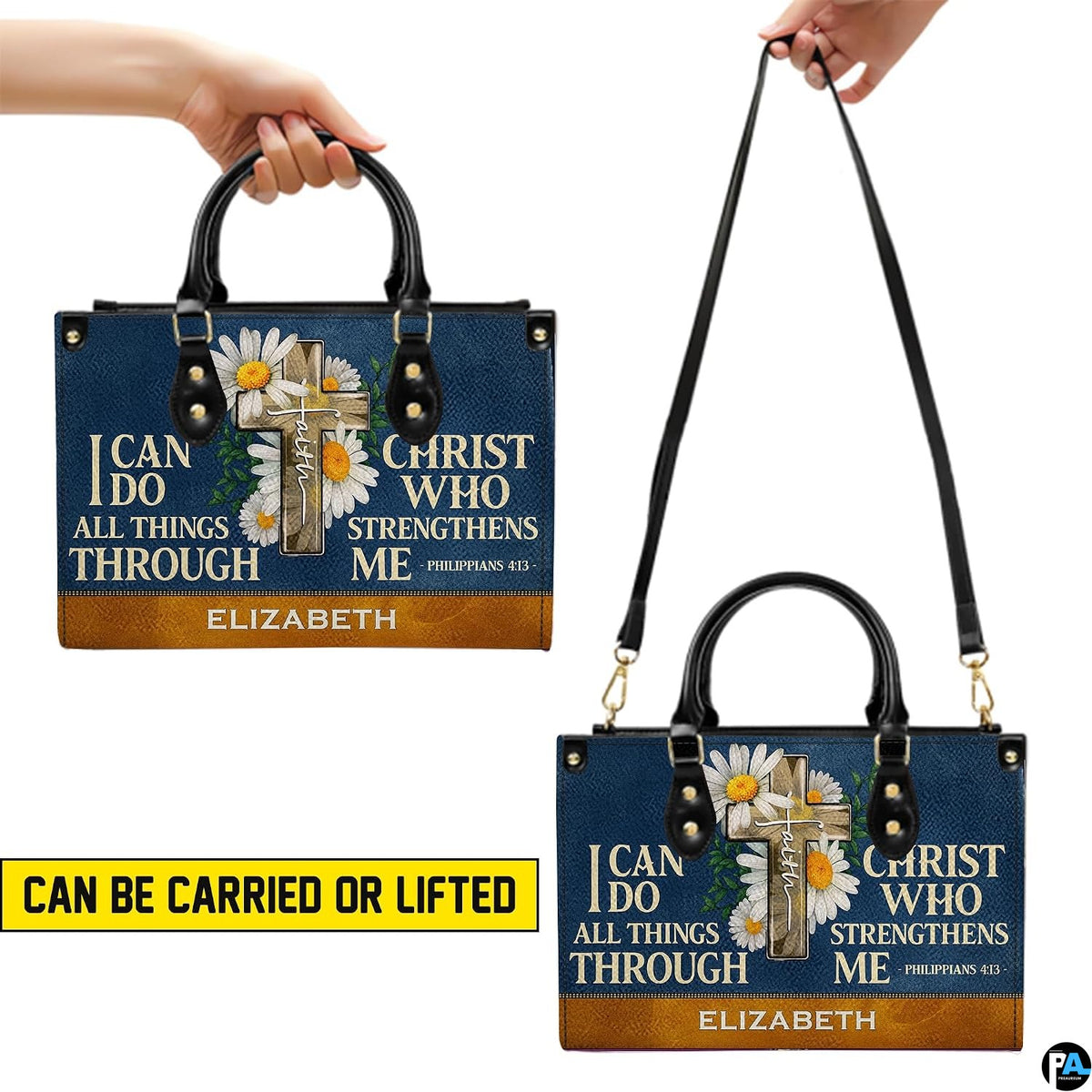 Carrying demonstrations displaying dual top handle grip and crossbody shoulder strap suspension.