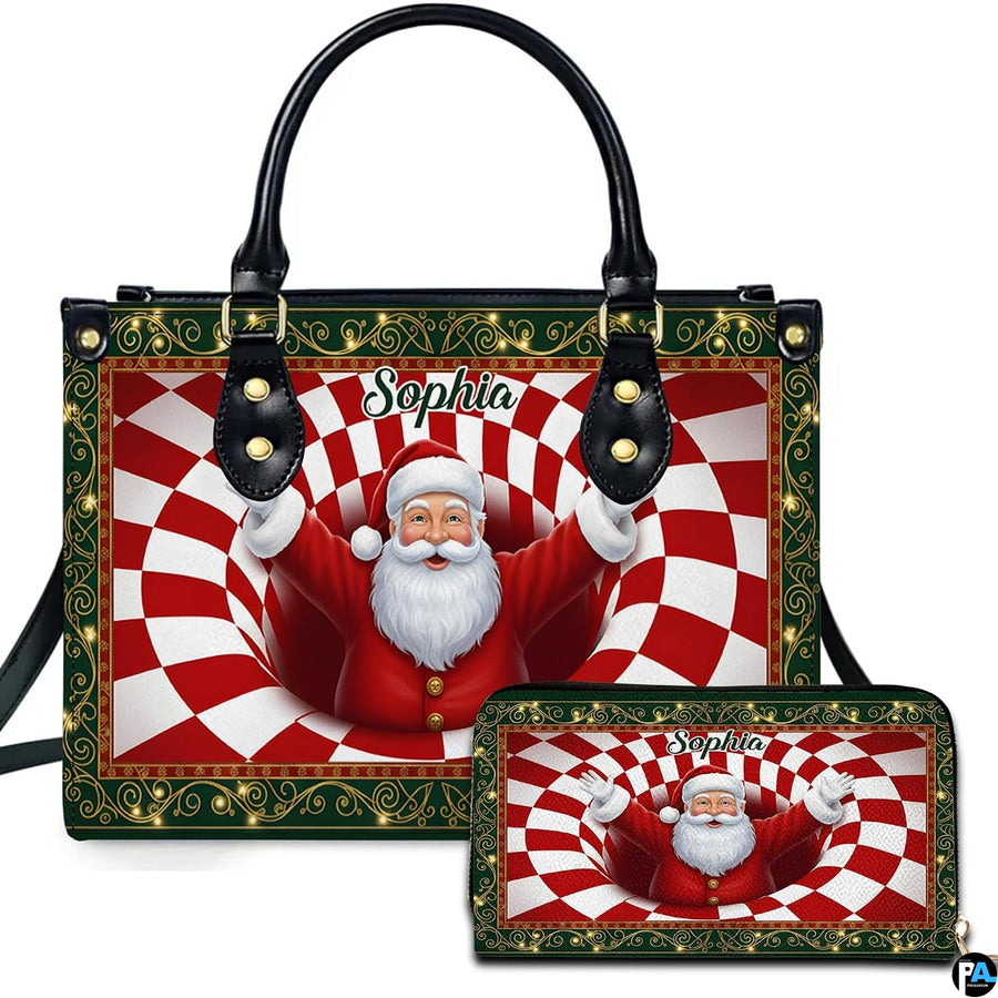 Holiday handbag and matching wallet set featuring Santa Claus emerging from a checkered vortex spiral.