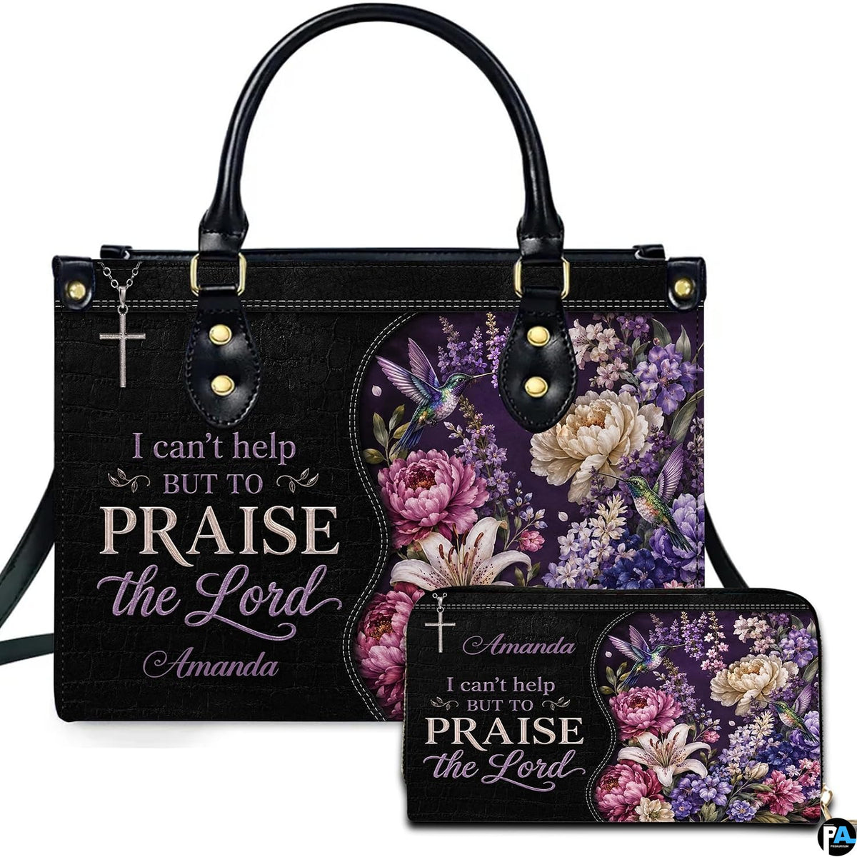 Purple floral hummingbird cross handbag and matching wallet set on white backdrop