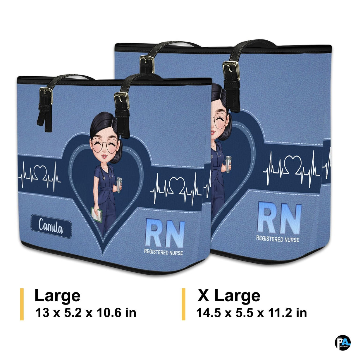 Sizing diagram displaying Large and X Large dimensions for the Denim Blue Clinician Tote Handbag.