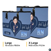 Sizing diagram displaying Large and X Large dimensions for the Denim Blue Clinician Tote Handbag.