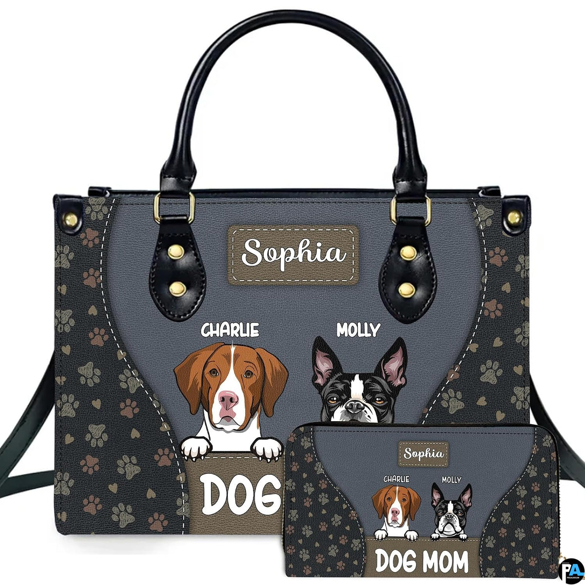 Front view of slate and charcoal dog handbag and matching wallet featuring hound and bulldog illustrations.