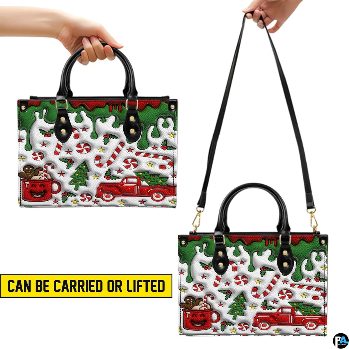 Front view showing dual top handles, attachable shoulder strap, and confectionery holiday drip illustration.
