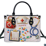 Nurse cap, stethoscope, medical chart, and capsules on shimmering background on structured handbag.