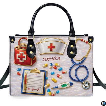 Nurse cap, stethoscope, medical chart, and capsules on shimmering background on structured handbag.