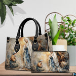 Matching handbag and zippered wallet set displayed together with Lourdes artwork.
