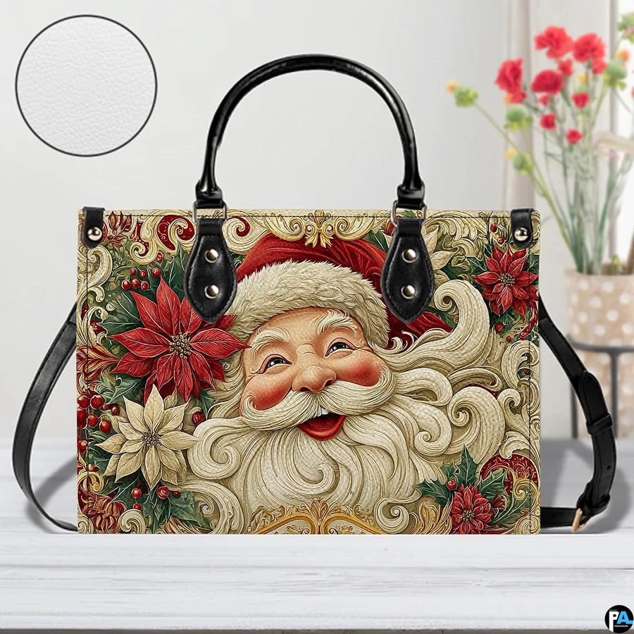 Macro close-up highlighting fine artistic details in Santa's laughing face, dual poinsettias, and golden trims.