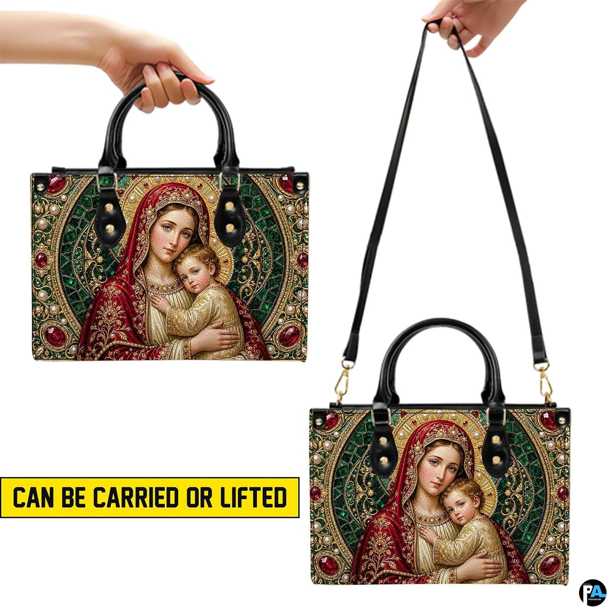 Lifestyle display of Byzantine Madonna handbag carried by model showing mosaic scale