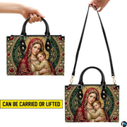 Lifestyle display of Byzantine Madonna handbag carried by model showing mosaic scale