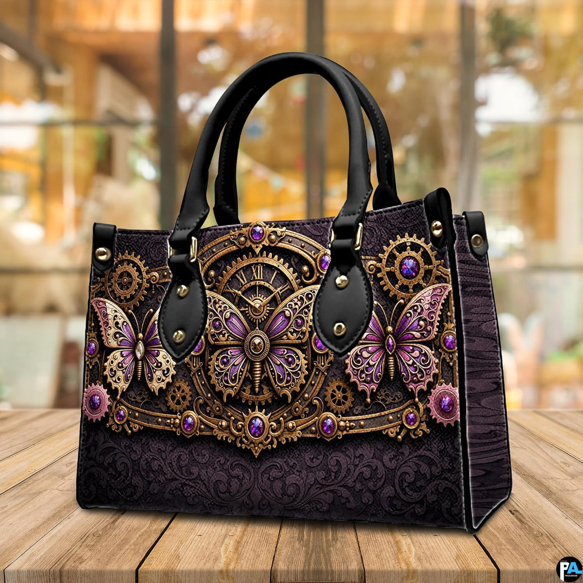 Three-quarter view of purple steampunk butterfly purse highlighting structured body and handles