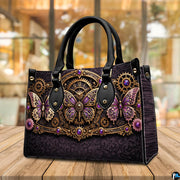 Three-quarter view of purple steampunk butterfly purse highlighting structured body and handles
