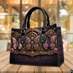 Three-quarter view of purple steampunk butterfly purse highlighting structured body and handles