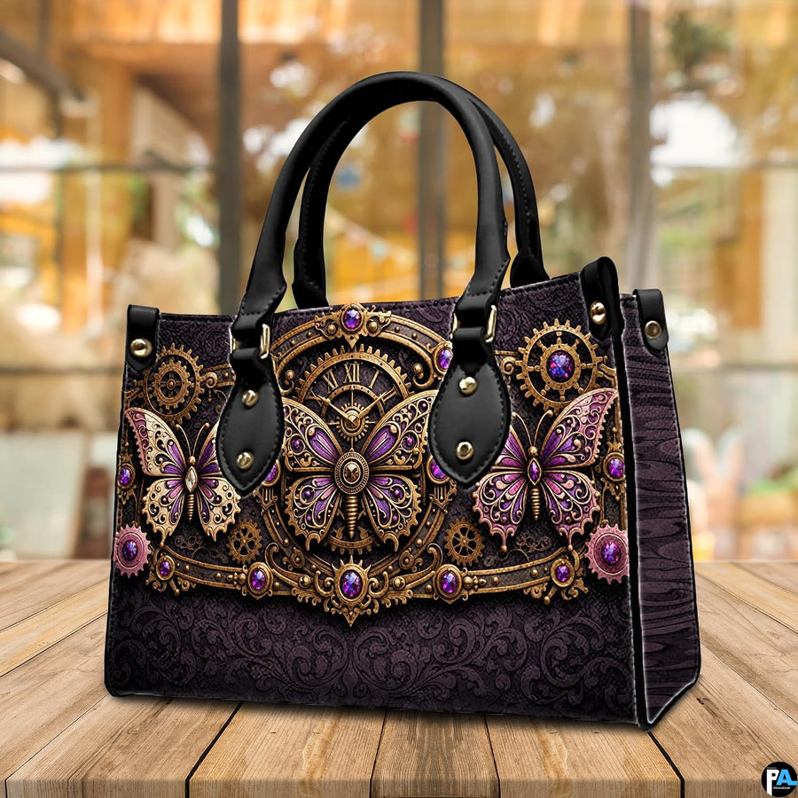 Three-quarter view of purple steampunk butterfly purse highlighting structured body and handles